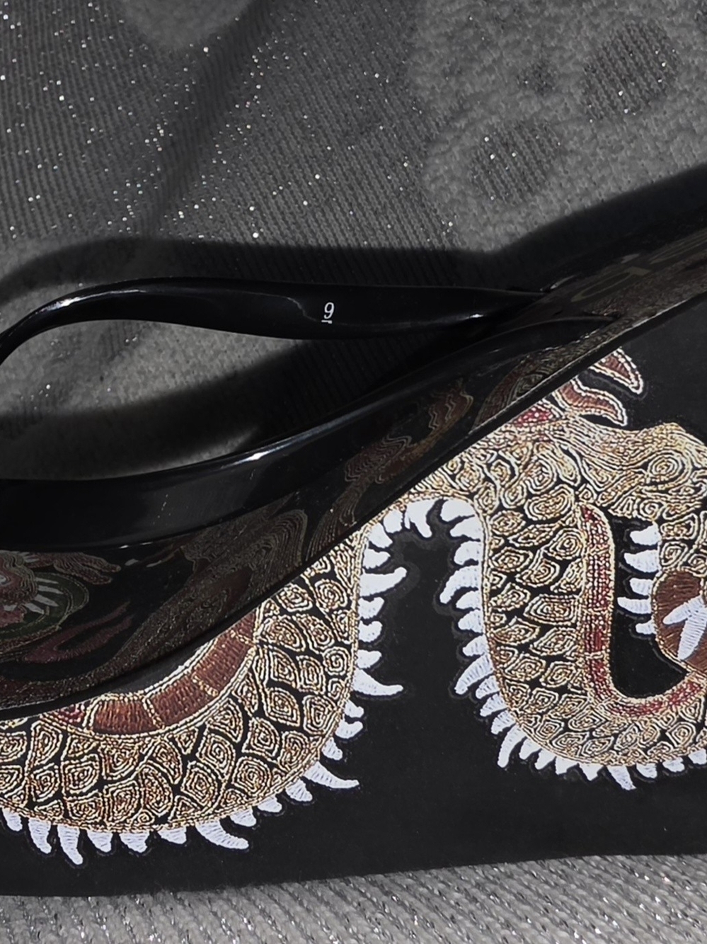 bebe Y2k Black Jeweled Dragon Wedge Flip Flops - Picture 2 of 5